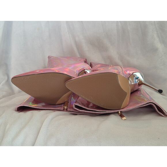 Vero Cuoio Shiny Pink Leather Type Thigh High Boots Tall Zip Up Sexy - Picture 4 of 4